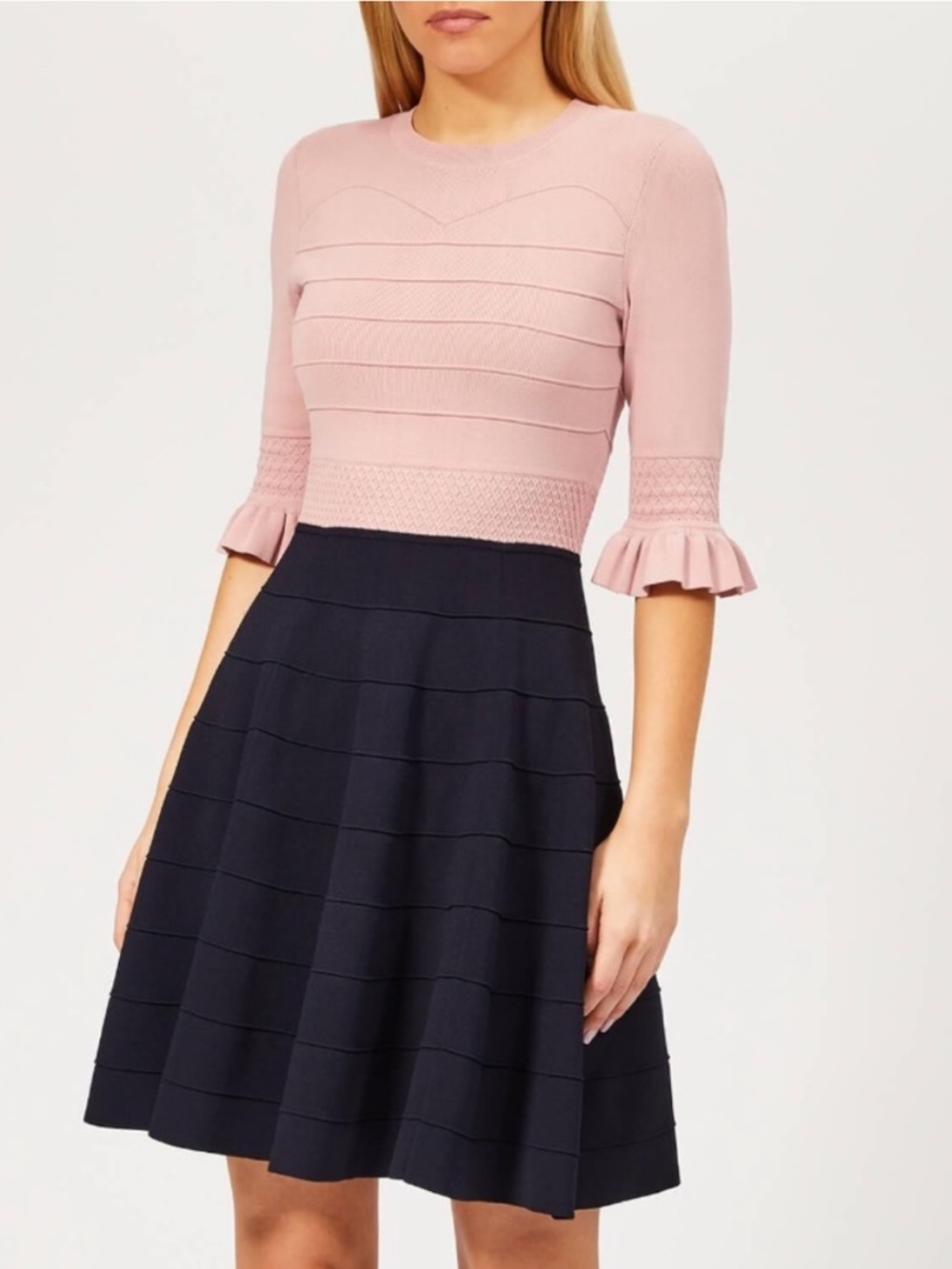 Ted Baker XS Blush Pink and Navy Frill Knitted 'Dyana' Skater Dress